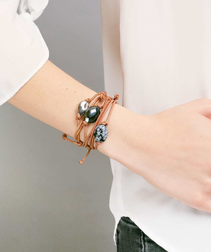 Platinum, Hematite & Snowflake Obsidian Pebble Bracelets